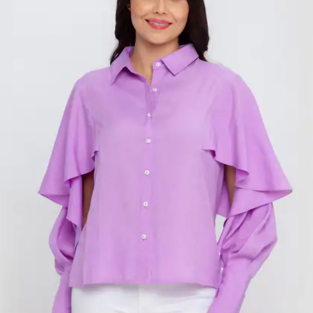 ZINK OF LONDON  SIZE MEDIUM. Chic Lilac Button-Up Blouse with Ruffle Sleeves